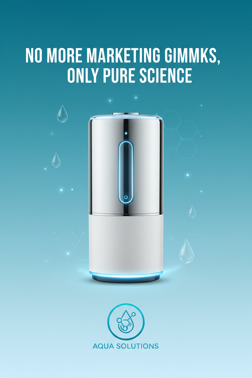 Aqua Solutions water treatment device with text about water TDS on a blue and sky background